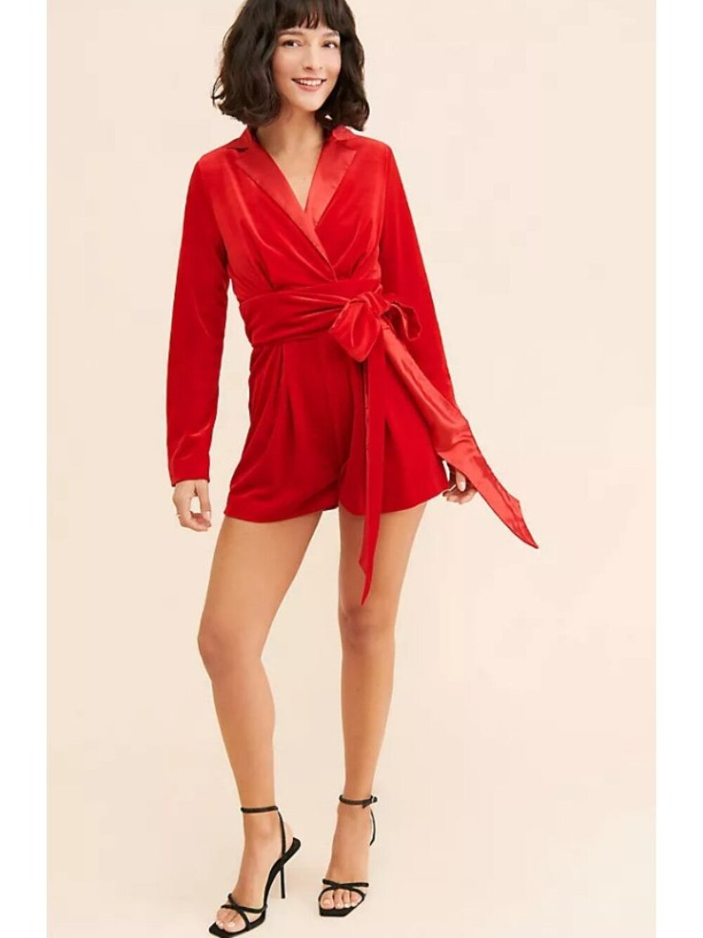 Ciebon Anthropologie Red Velvet Celine Wrap Front Long Sleeve Romper, Size 3X